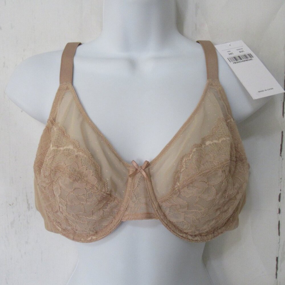 New HSIA Bra 36C Beige Tan Lace Sheer Back‎ Closure Underwire